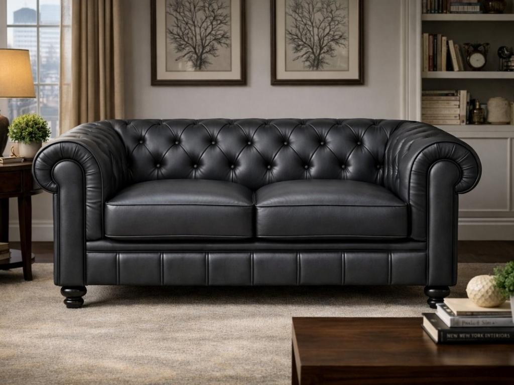 Chesterfield bank zwart - 2 zits - leer - Showroom model, Ophalen, MeubelCasa, 150 tot 200 cm, 75 tot 100 cm