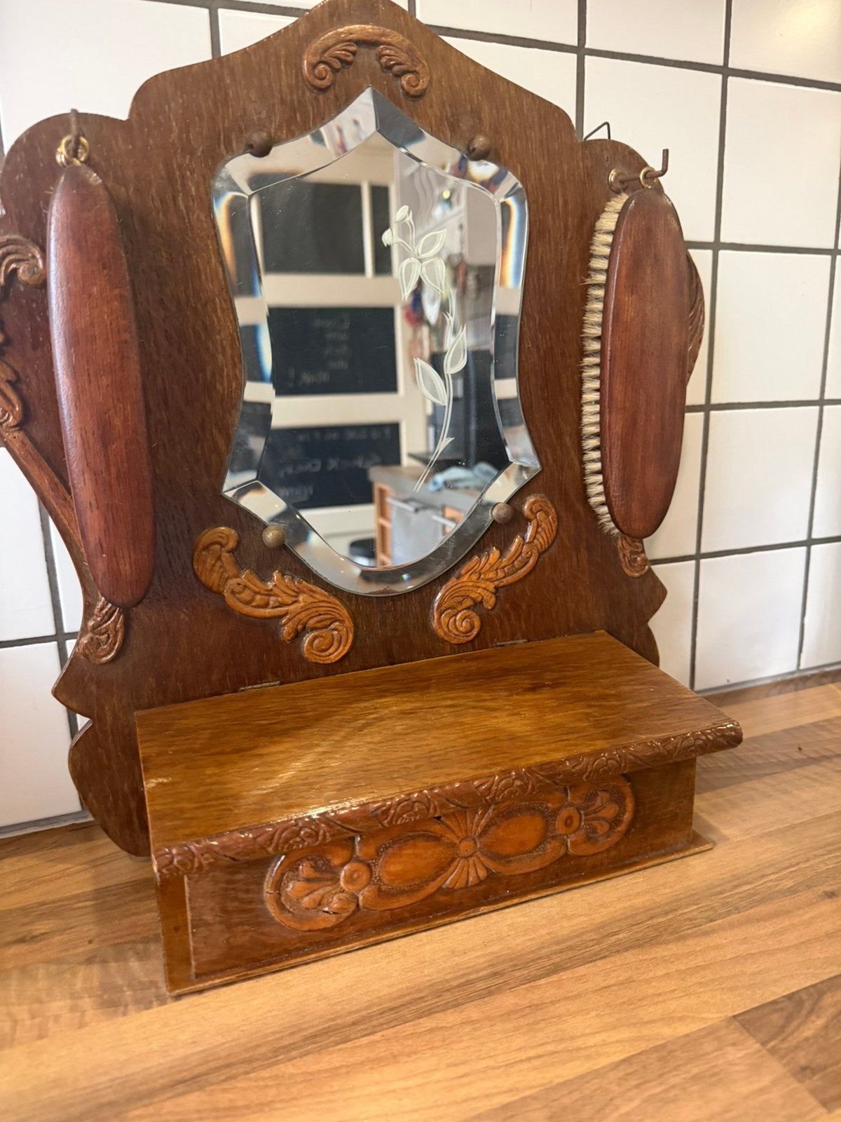 Art deco houten hal spiegel, Ophalen of Verzenden, Rechthoekig, Minder dan 50 cm