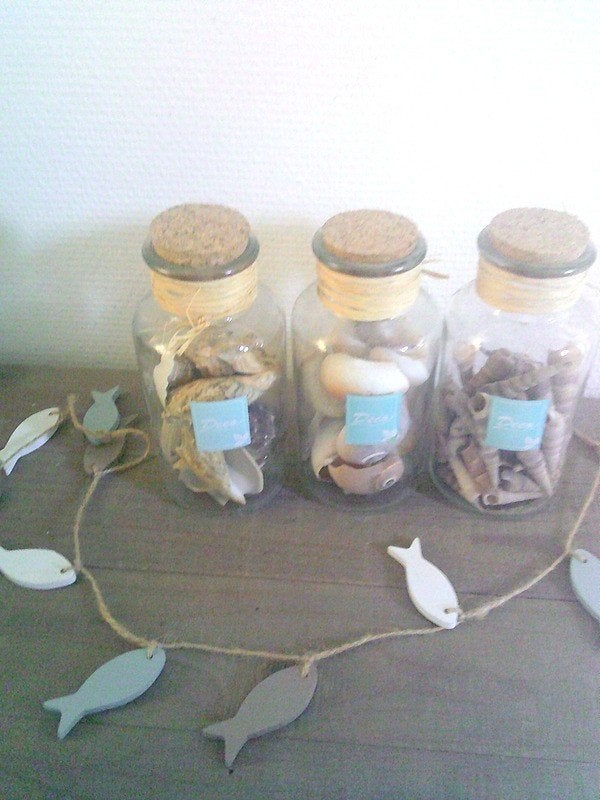 Maritiem strand thema 3 flesjes met schelpen, Ophalen of Verzenden, Gebruikt, Meerkleurig, Glas