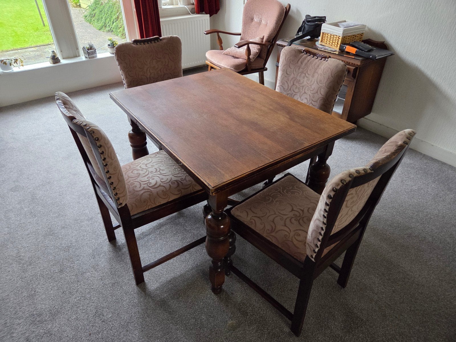 Antieke eetkamerset, uitschuifbare tafel met 4 stoelen, Ophalen, Gebruikt, 4 tot 6 stoelen