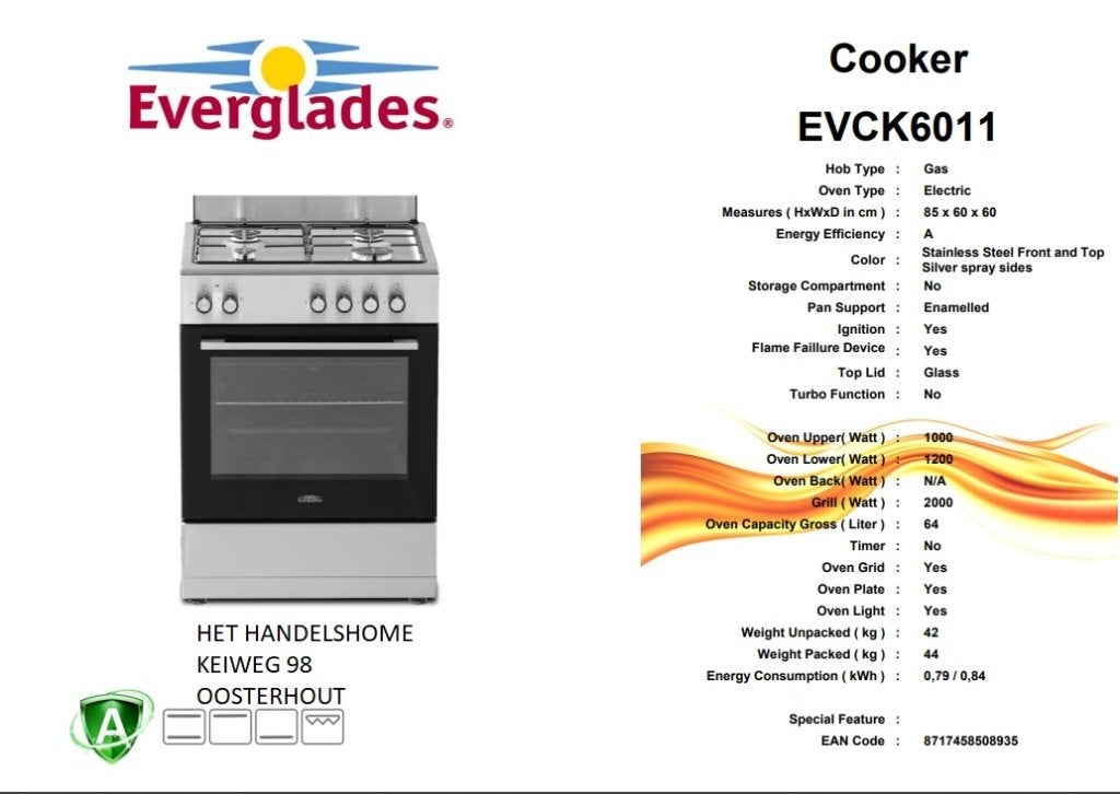 Nieuw RVS gasfornuis 60cm breed 5 jaar gar. nu 339 euro, Witgoed en Apparatuur, Fornuizen, Ophalen, 60 cm of meer, 4 kookzones