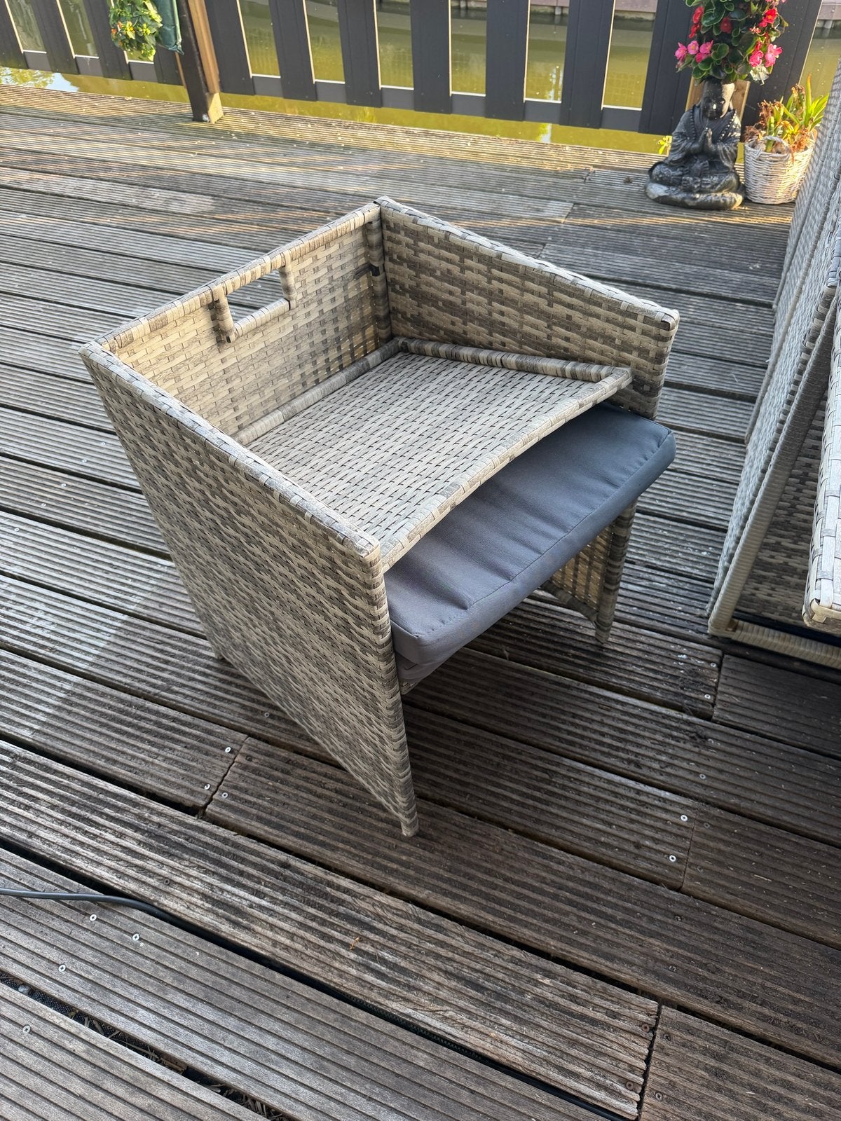8-persoons tuinset met zwarte glasplaat en 4 hockers, Ophalen, Gebruikt, Eettafel, 8 zitplaatsen