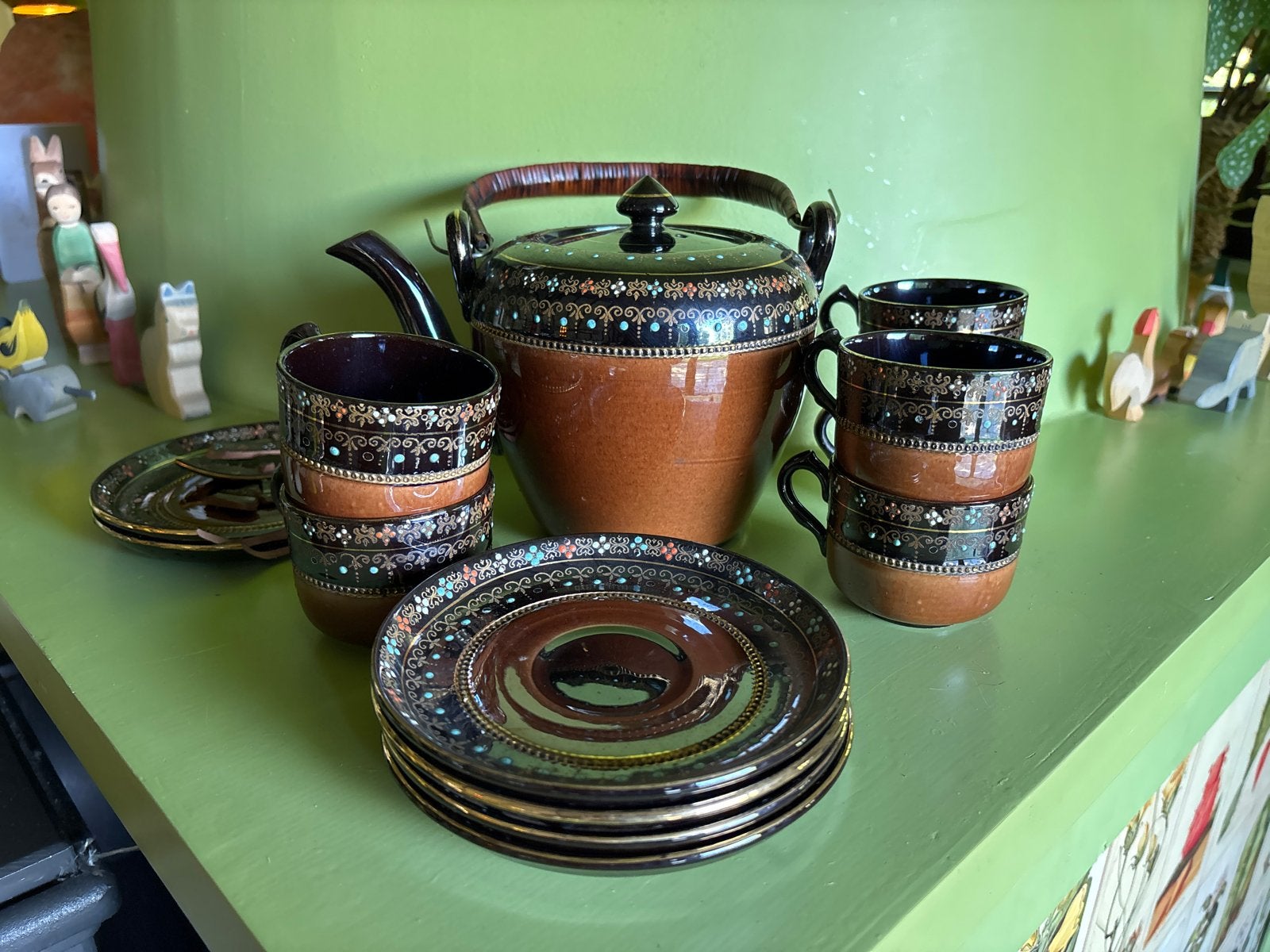 Vintage handgeschilderd theeservies met theepot en kopjes, Ophalen of Verzenden