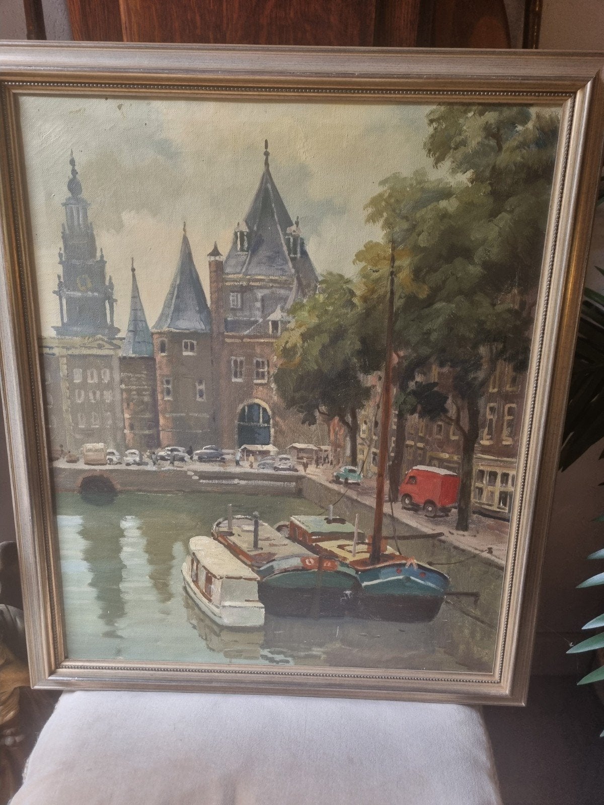 olieverfschilderij van de Amsterdamse Nieuwmarkt met de Waag, Antiek en Kunst, Ophalen