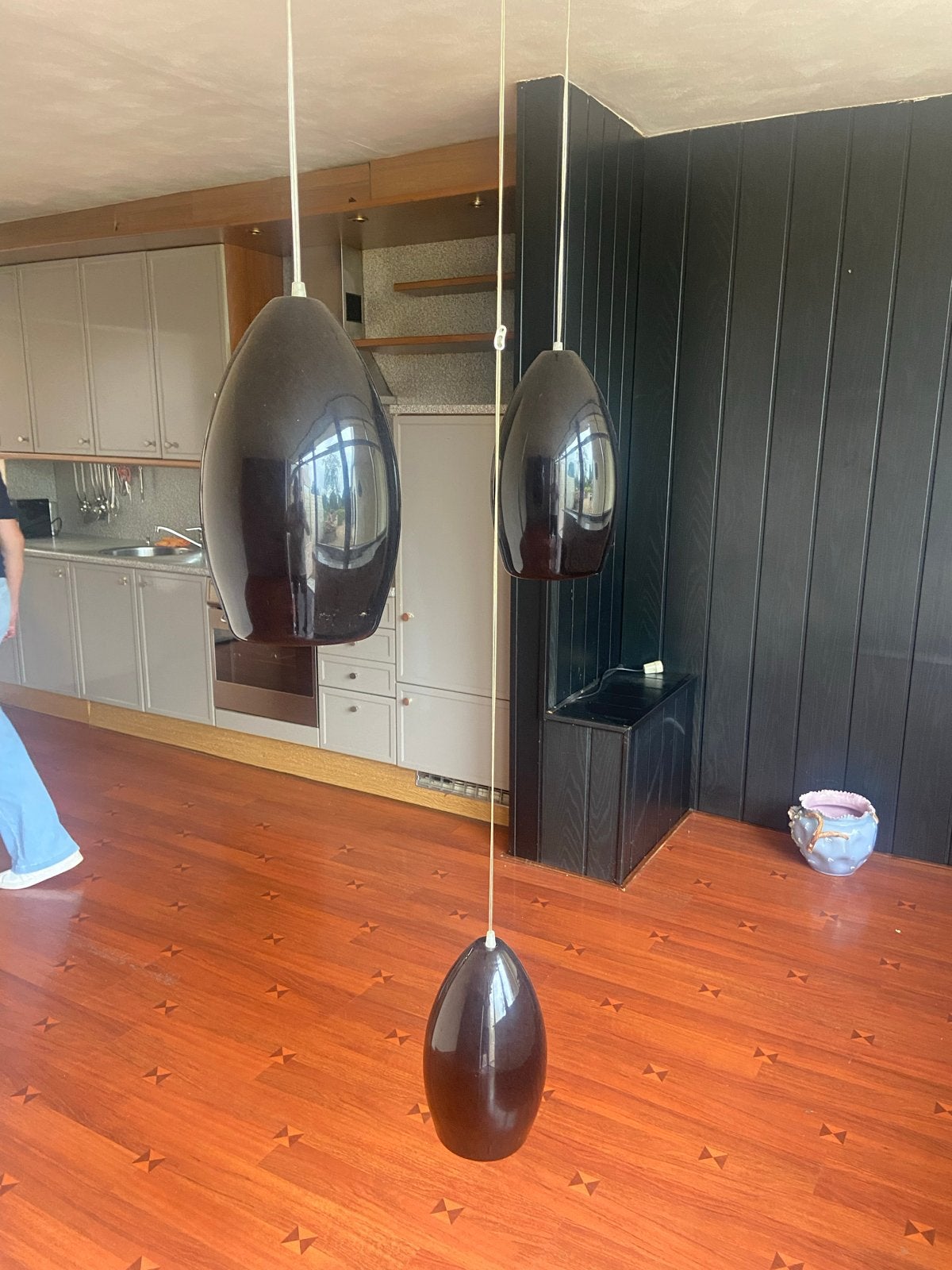 Set van 3 vintage hanglampen - donkerbruin/zwart, Ophalen, Gebruikt, Metaal, E27 (groot)