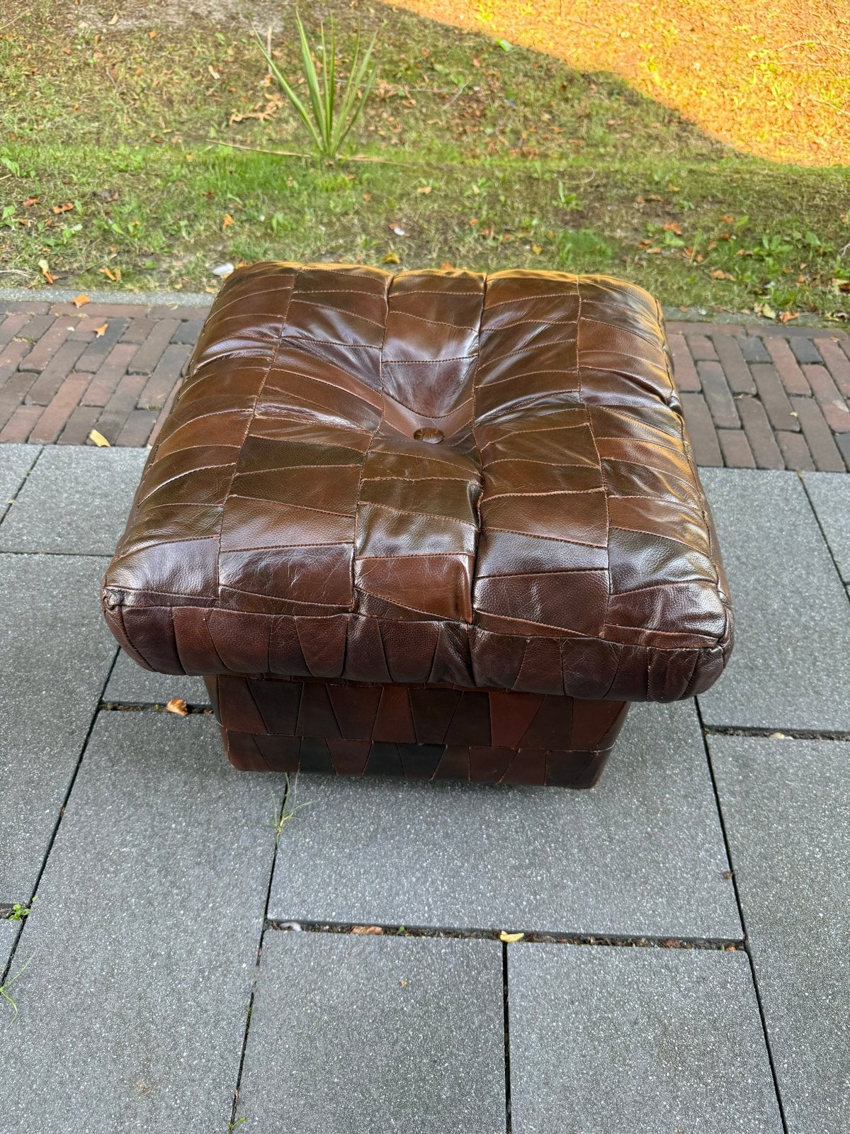 Lederen patchwork Poef - Bruin, Vierkant met Opbergruimte, Gebruikt, Vierkant, Leer, Ophalen of Verzenden