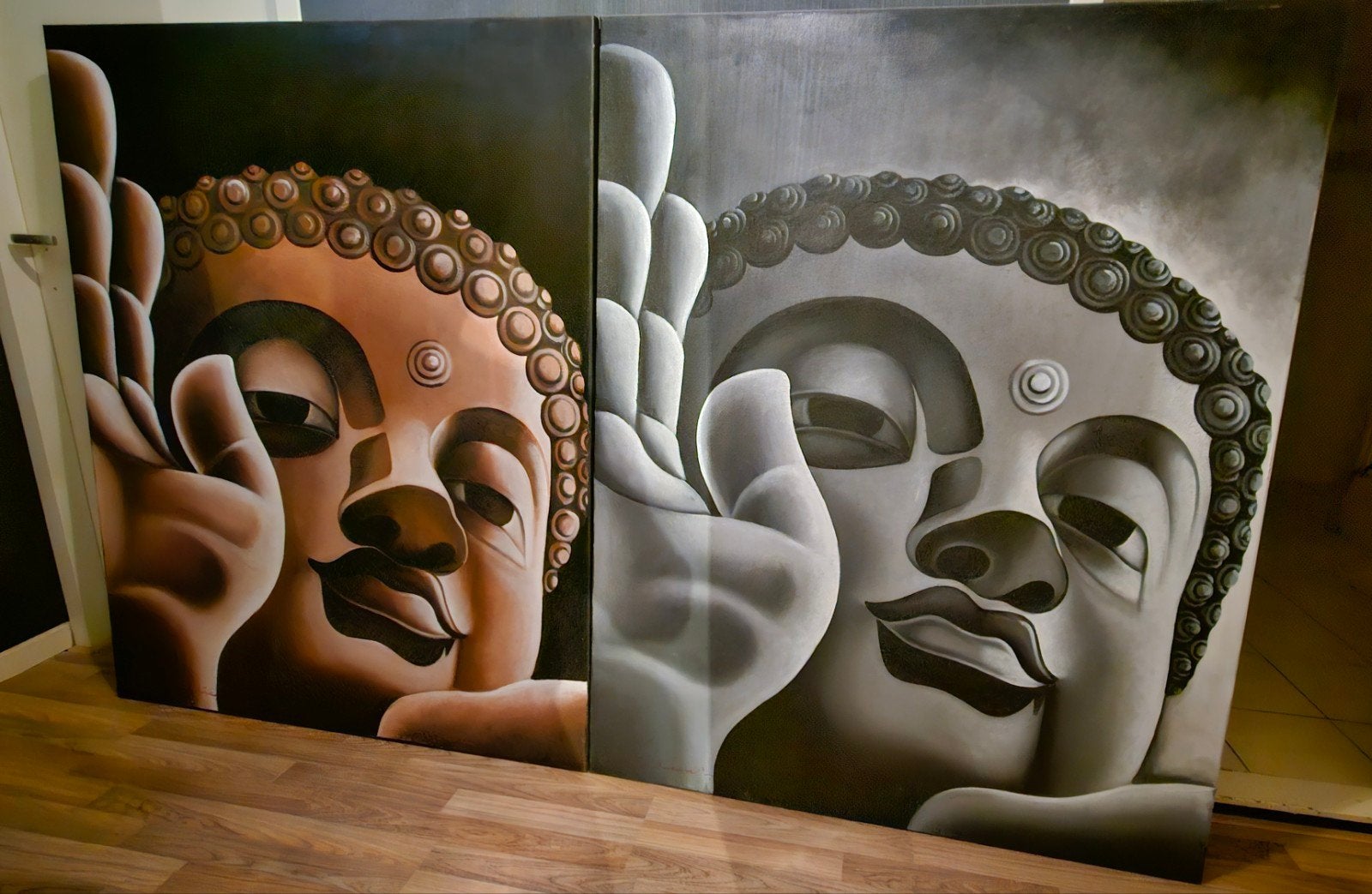 Boeddha schilderij - Twee panelen - Modern, Overig onderwerp, Ophalen of Verzenden, Op houten frame, Overige technieken