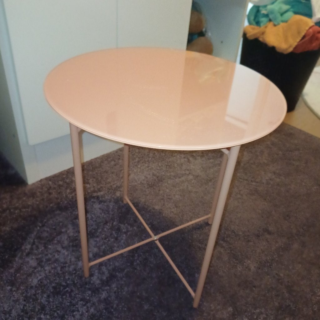 Tafel bijzettafel roze tempered glas, Ophalen, Rond, Tot twee personen, Minder dan 50 cm