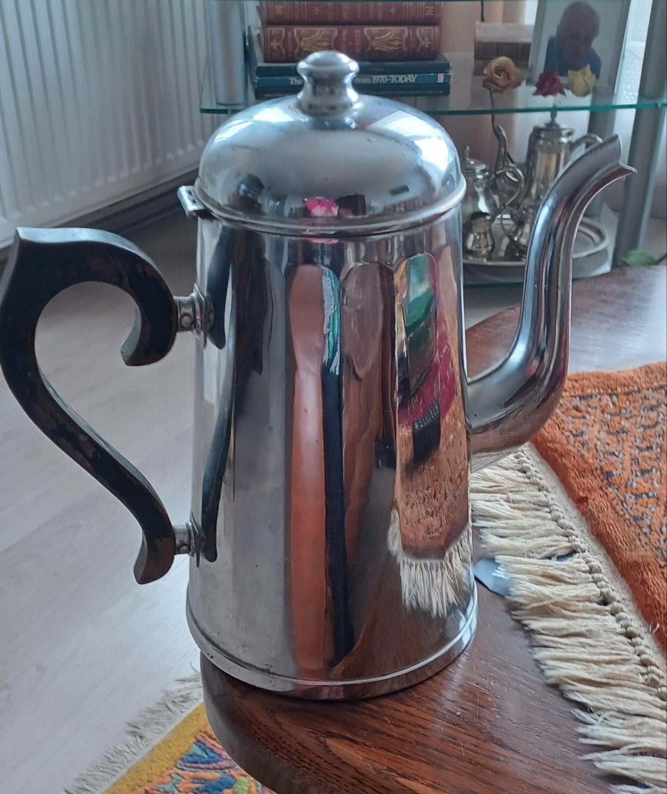 Vintage Verzilverde Koffiekan met Houten Handvat, Ophalen of Verzenden, Zilver