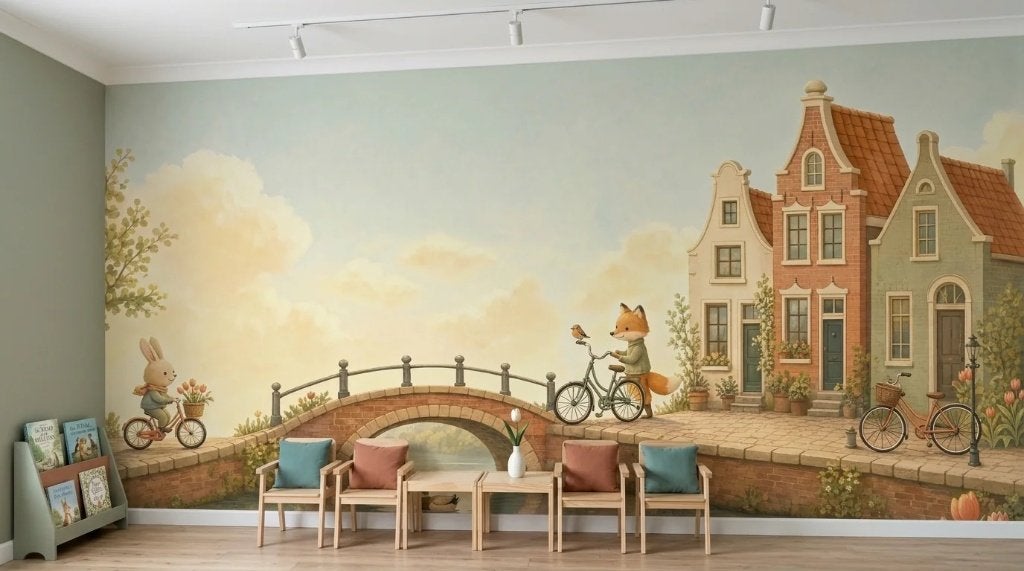 Behang kinderkamer – fietsende dieren bij grachtbrug op maat, Overige merken, Blauw, Ophalen of Verzenden, Fotobehang