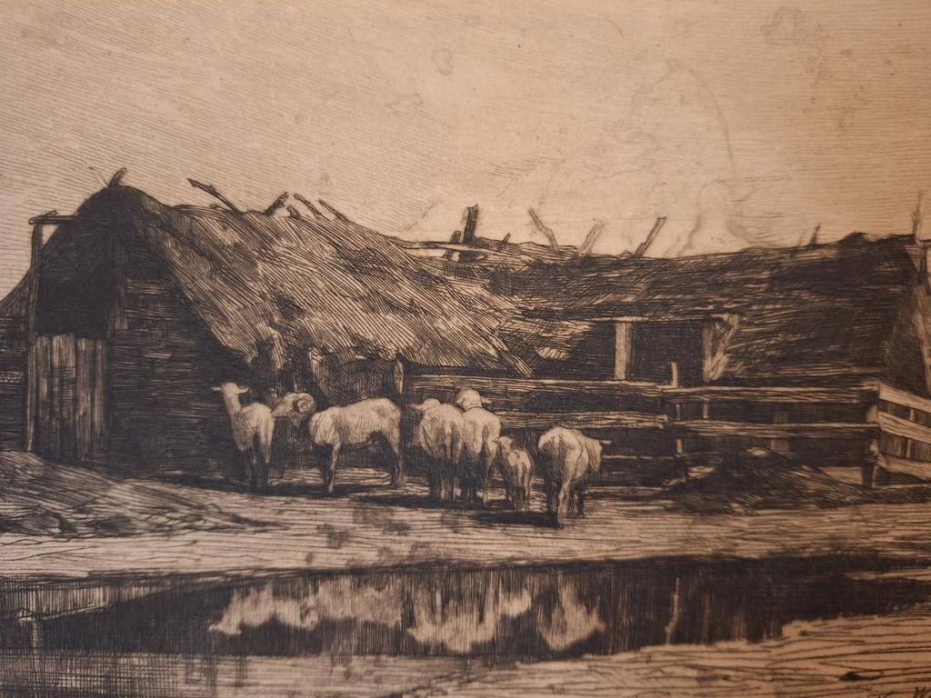 Ets Schaapskooi Drenthe - Nicolaas van der Waay, Antiek en Kunst, Kunst | Etsen en Gravures, Ophalen of Verzenden
