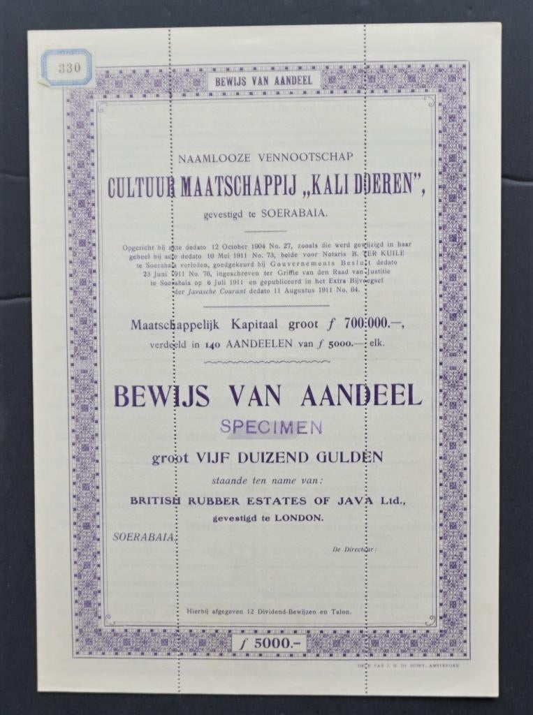 Cultuur Maatschappij Kali Doeren (Rubber/Ned.Indie) 1911, Verzenden, Voor 1920, Aandeel