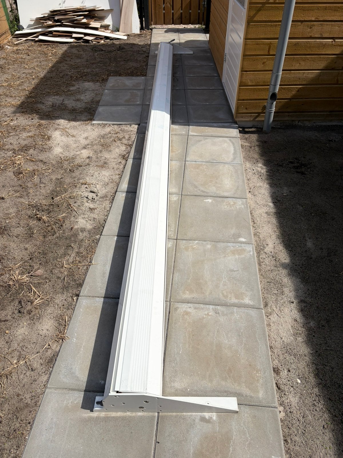 Zonnescherm knikarm wit/geel 550x300, Ophalen of Verzenden, Zo goed als nieuw, 150 tot 300 cm, 250 cm tot 450 cm