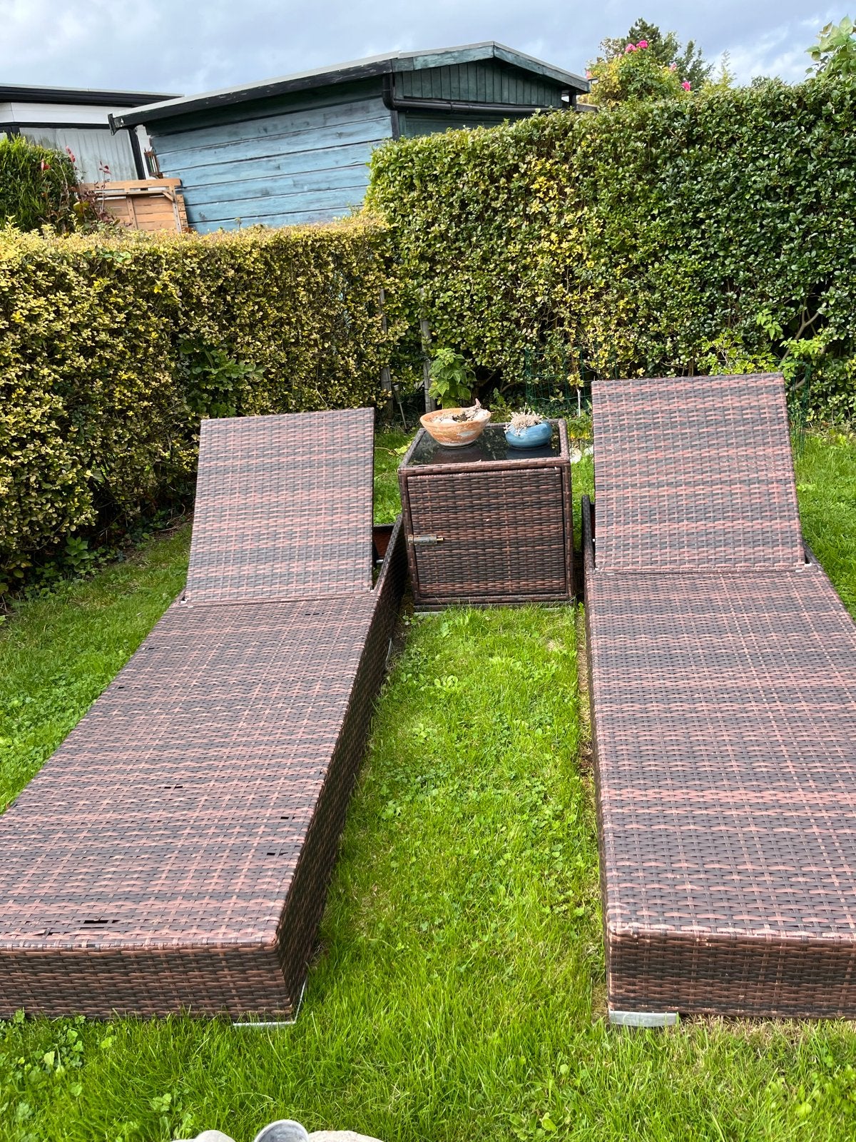 Verstelbare Tuin Ligbedden met Handig Kastje, Ophalen, Gebruikt, Wicker, Verstelbaar