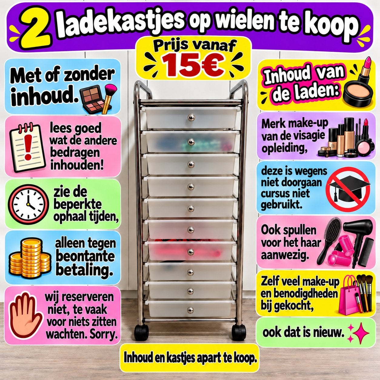 2 ladekastjes op wielen te koop - met of zonder inhoud., Ophalen, Minder dan 50 cm, Kunststof, 5 laden of meer