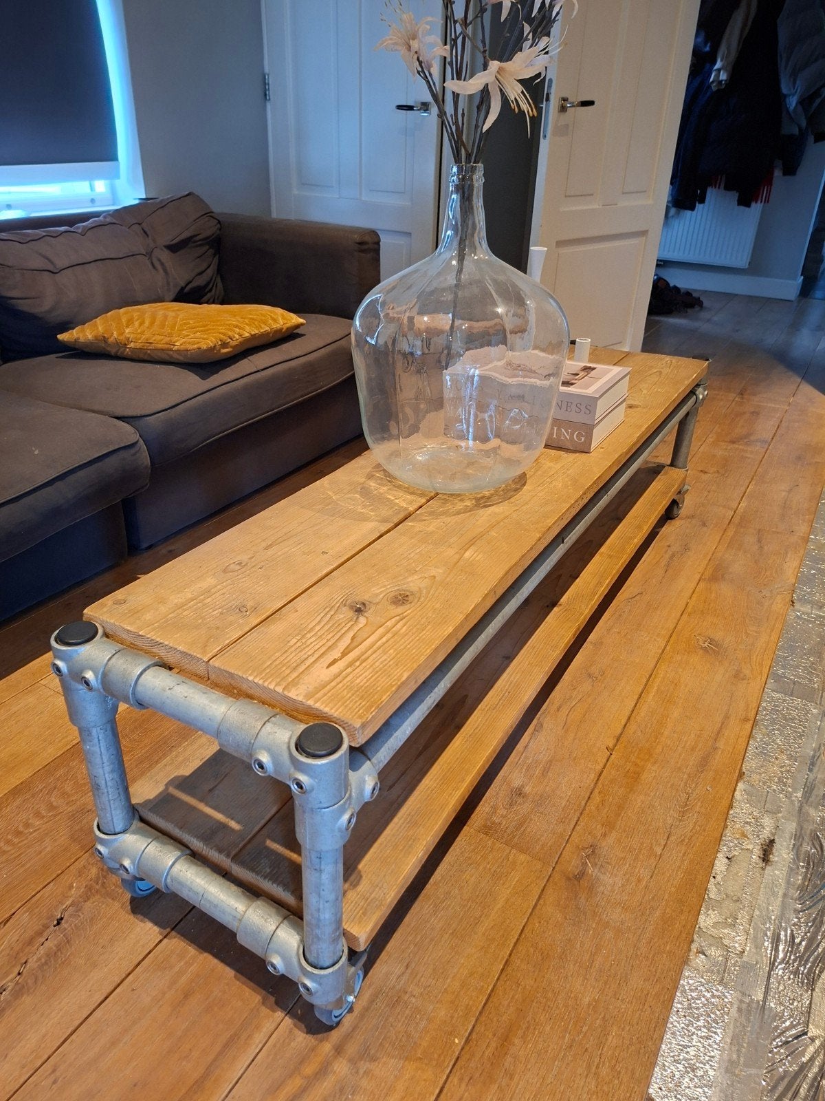 Salontafel steigerhout steigerbuis op wielen, Ophalen, Minder dan 50 cm, Gebruikt, 150 tot 200 cm