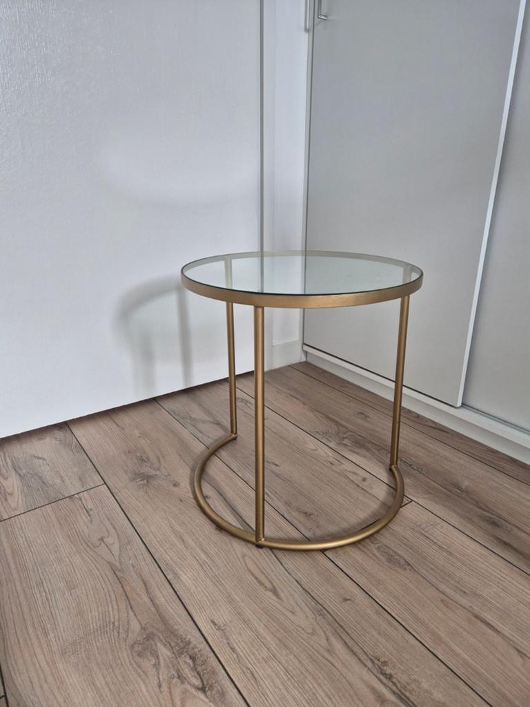 Bronzen bijzettafel met glazen blad - 46 cm hoog, Huis en Inrichting, Tafels | Bijzettafels, Minder dan 55 cm, Gebruikt, Metaal of Aluminium