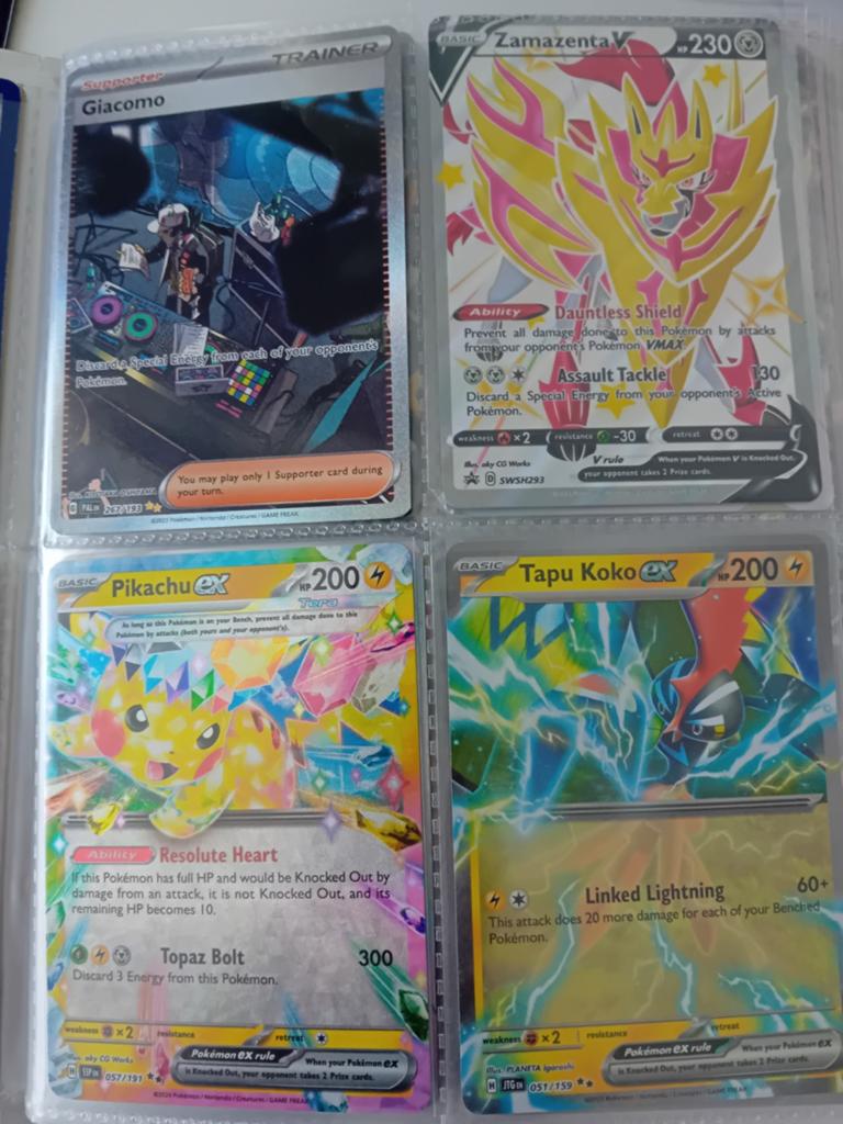 Kaarten: Zamazenta V, Pikachu ex, Tapu Koko ex, Giac, Ophalen of Verzenden, Gebruikt, Meerdere kaarten