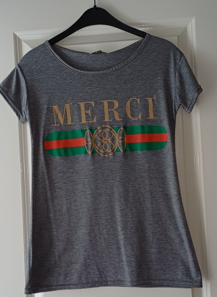 T-Shirt Grijs S M  36 38 Opschrift Merci Nieuw ( Jool ), Kleding | Dames, Maat 38/40 (M), Nieuw, Ophalen of Verzenden, Korte mouw
