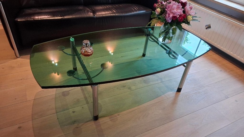 Glazen design salontafel, Ophalen, Design, 50 tot 100 cm, 150 tot 200 cm
