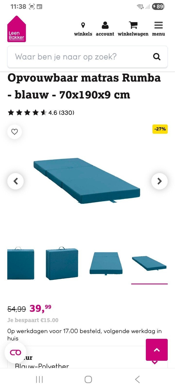 Nieuw 4x Opvouwbaar matras Rumba - blauw - 70x190x9 cm., Ophalen, Nieuw, 190 cm of minder, Matras