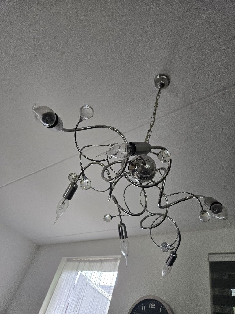 Moderne Chromen Plafondlamp / Hanglamp met Sierlijke Krullen, Ophalen, Zo goed als nieuw
