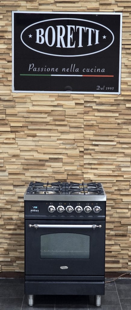 Luxe Fornuis Boretti 60cm antraciet + rvs GASOVEN, Niet ingevuld, Niet ingevuld, Zo goed als nieuw, Energieklasse A of zuiniger