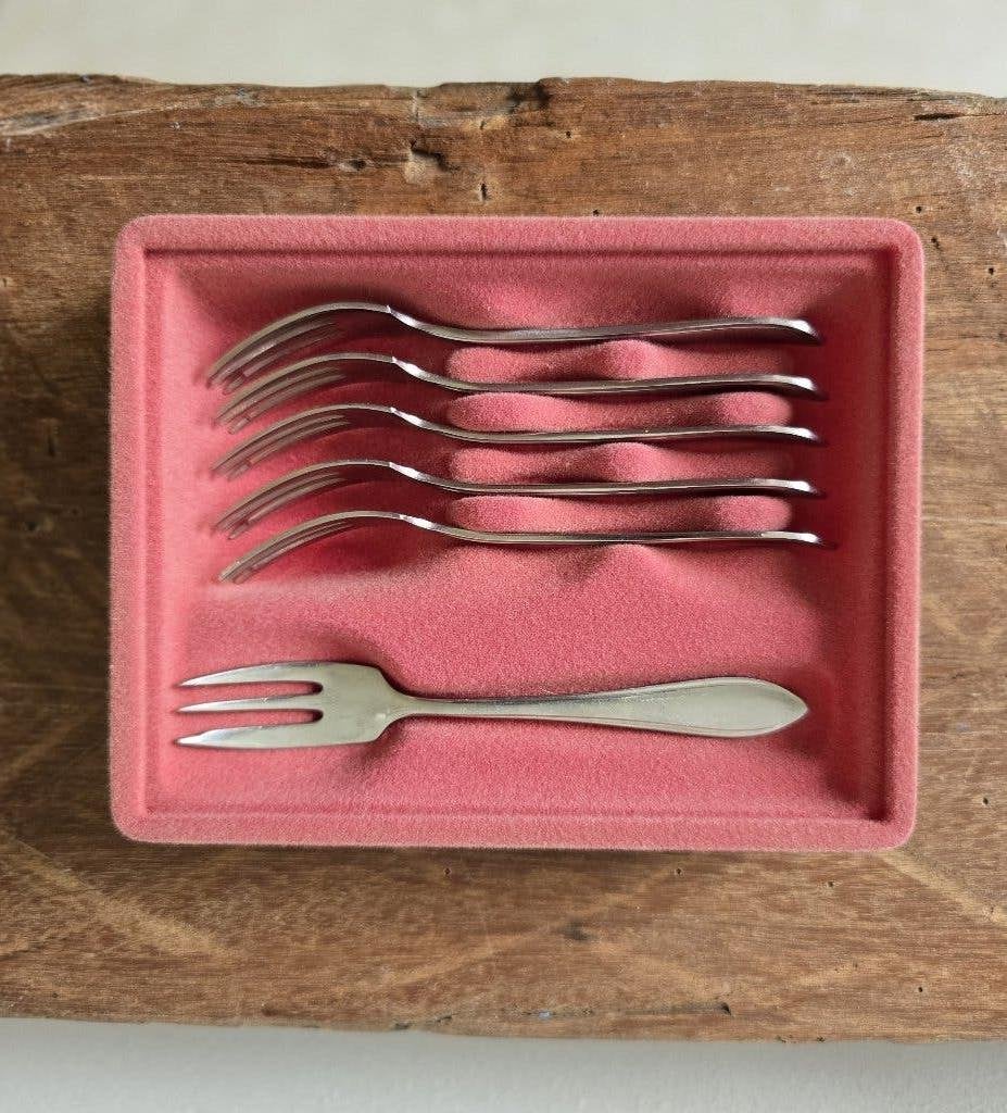 Vintage gebaksvorkjes Gero Zilmeta Puntfilet (6 st. in doos), Huis en Inrichting, Gebaksvork, Bestekset, Ophalen of Verzenden