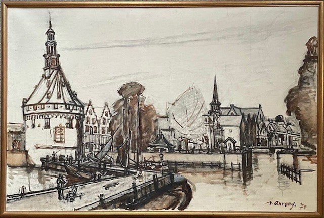 Schilderij Havengezicht Hoorn gesigneerd Jan van Anrooy, Ophalen, Maritiem / water, Doek, Olieverf