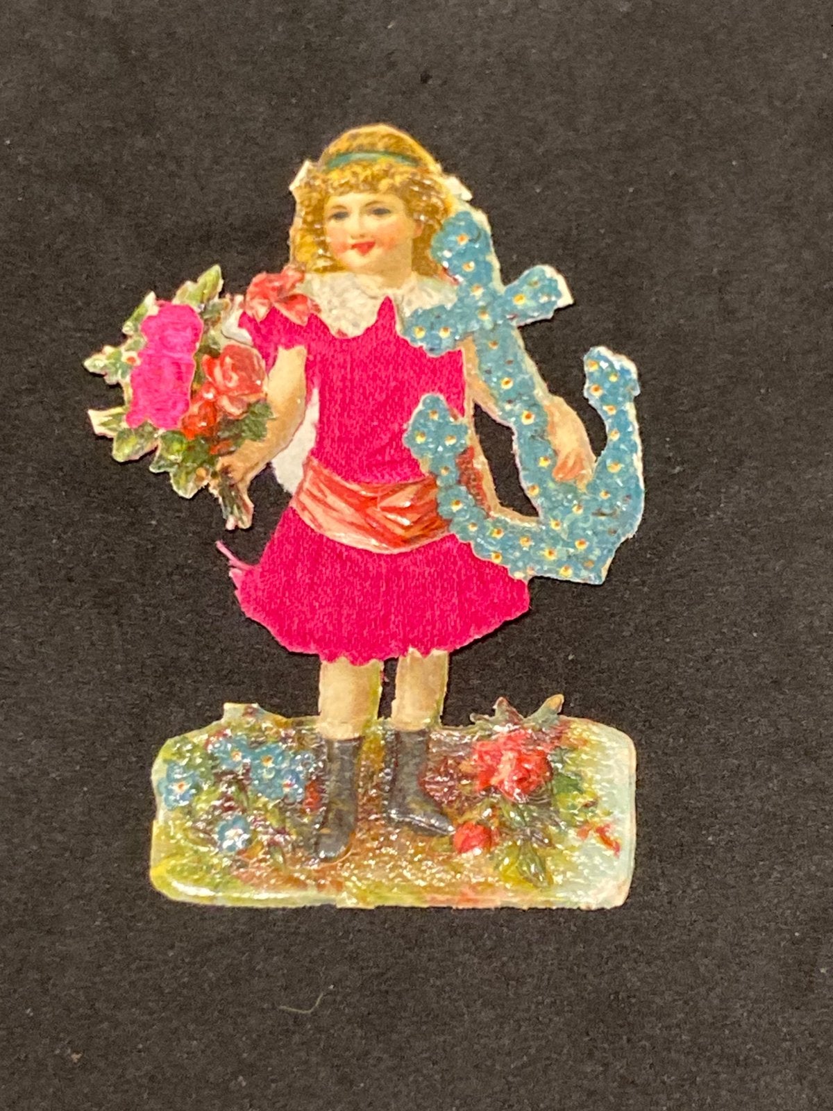 Antiek poezieplaatje met zijde, meisje (190826), Ophalen of Verzenden