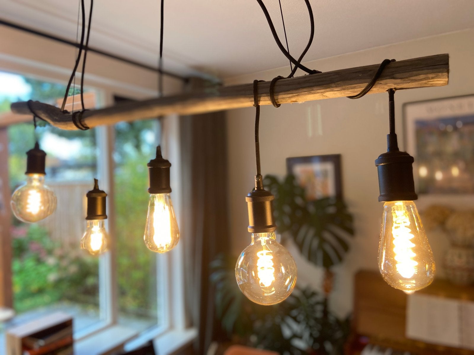 Hanglamp van drijfhout met 5 Edison LED-lampen, Huis en Inrichting, Ophalen, E27 (groot), Zo goed als nieuw, Modern