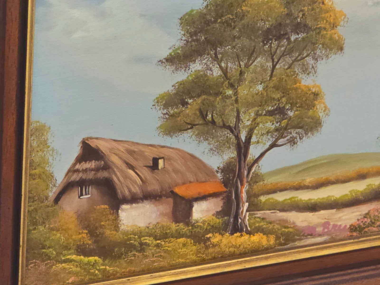 Schilderij met landschap en boerderij, Doek, Realistisch, Ophalen of Verzenden, Gesigneerd