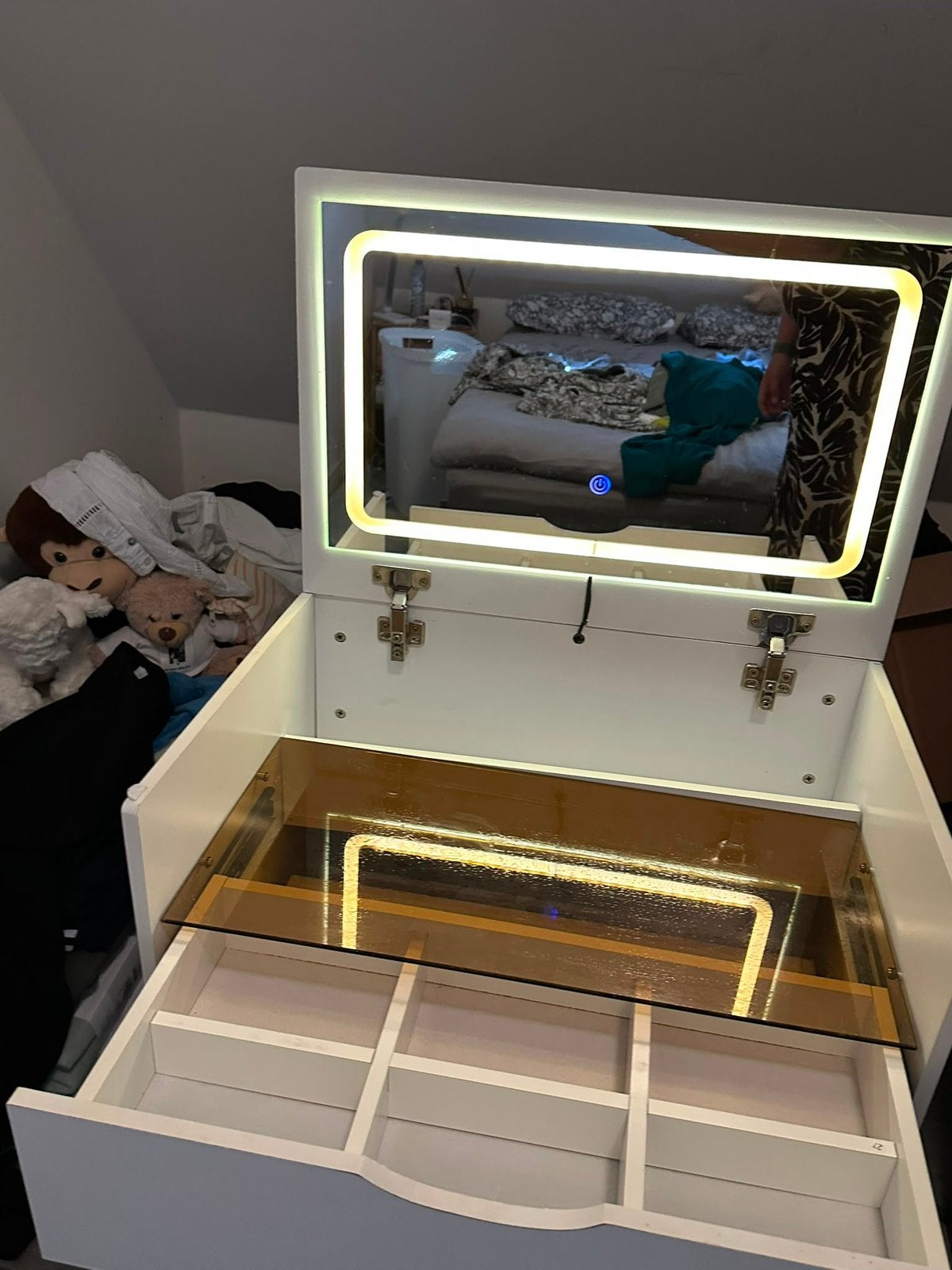 Kaptafel met spiegel, verlichting en krukje, Ophalen, 100 tot 150 cm, 50 tot 100 cm, Zo goed als nieuw