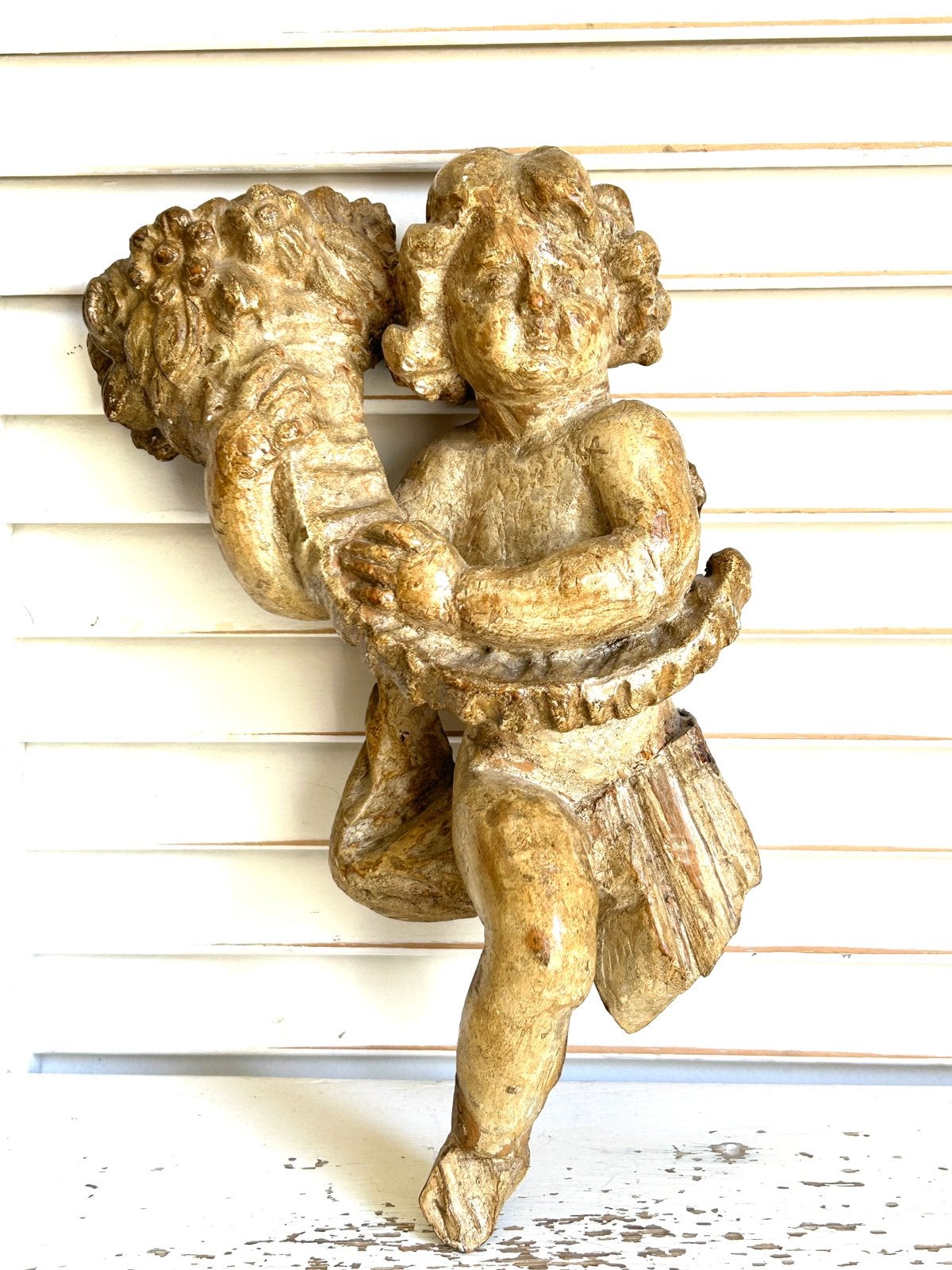 Antiek 18e eeuws houten beeld engel putti cherubijn snijwerk, Ophalen