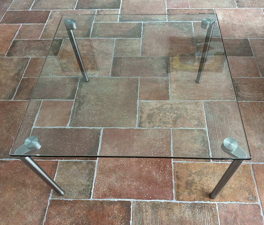 Vierkante glazen salon- of hoektafel op RVS poten, Ophalen, Gebruikt, 50 tot 100 cm, Vierkant