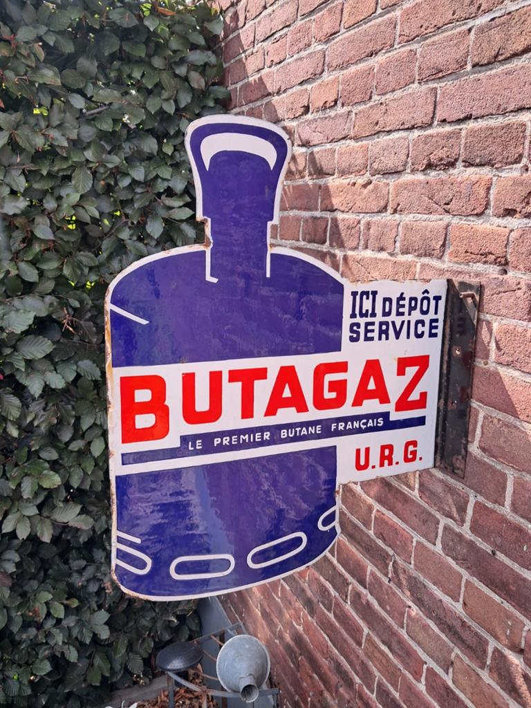 Mooi prachtig emaille dubbelzijdig uithangbord Butagaz., Ophalen, Gebruikt, Reclamebord