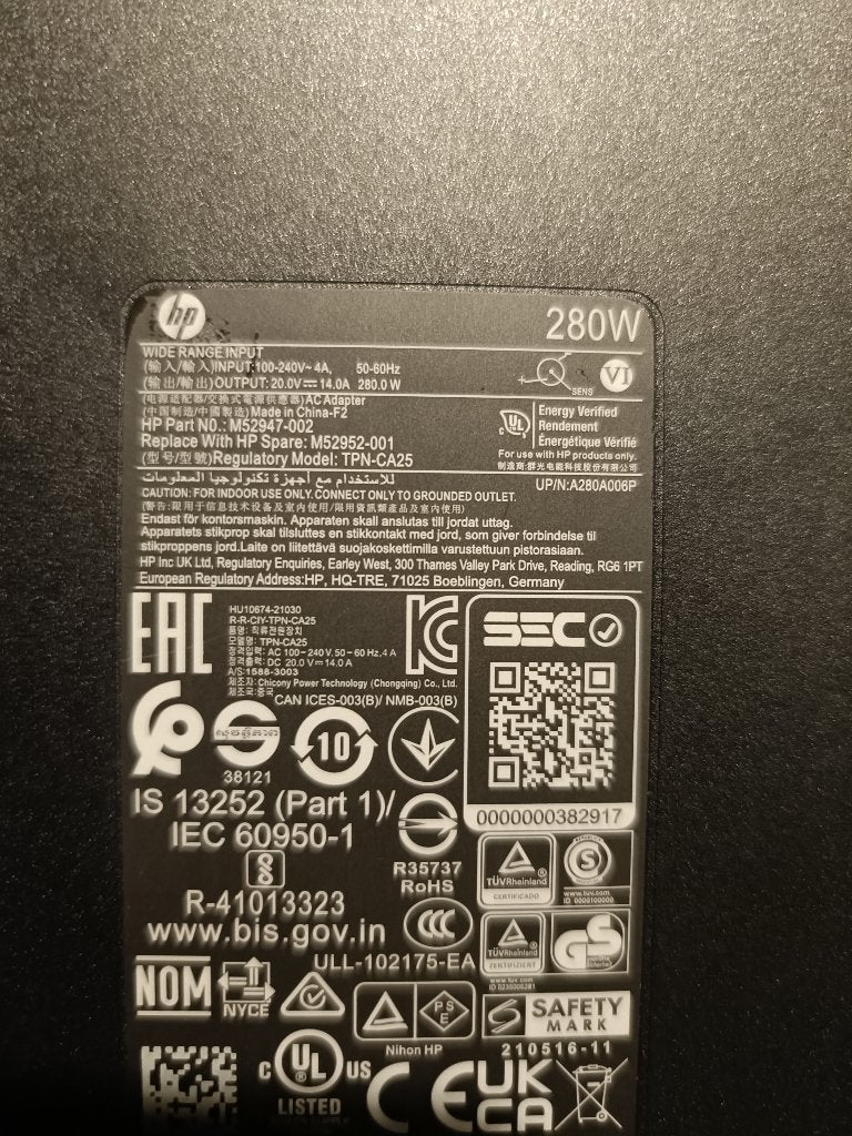 HP 280W Laptop Oplader (AC Adapter) - Krachtige Voeding, Ophalen of Verzenden, Zo goed als nieuw, Info@hp.com, HP