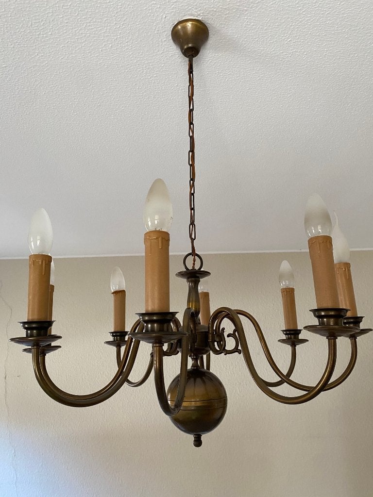Antieke bronzen kroonluchter met 6 armen, Ophalen, Gebruikt, Klassiek, Antiek, E14 (klein)