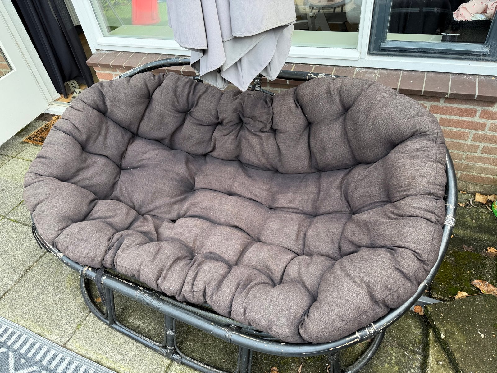 Papasan bank en 2 mamasan stoelen met kussens, Ophalen, Gebruikt, Rotan