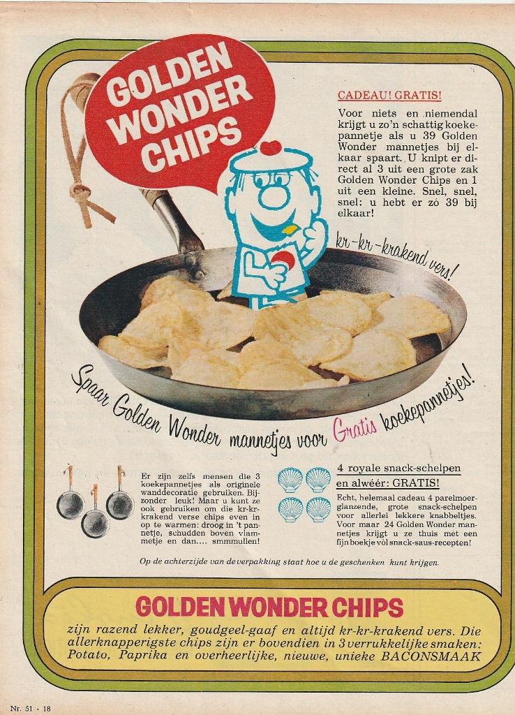 Retro reclame 1966 Golden Wonder chips actie koekepan, Verzenden, Overige typen