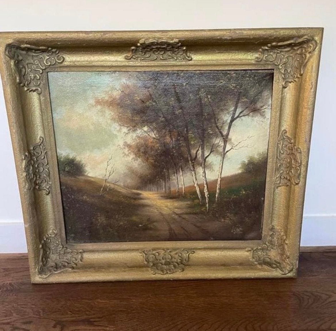 Groot Schilderij: Landschap met bomen en pad, Doek, Ophalen of Verzenden, Landschap, Olieverf