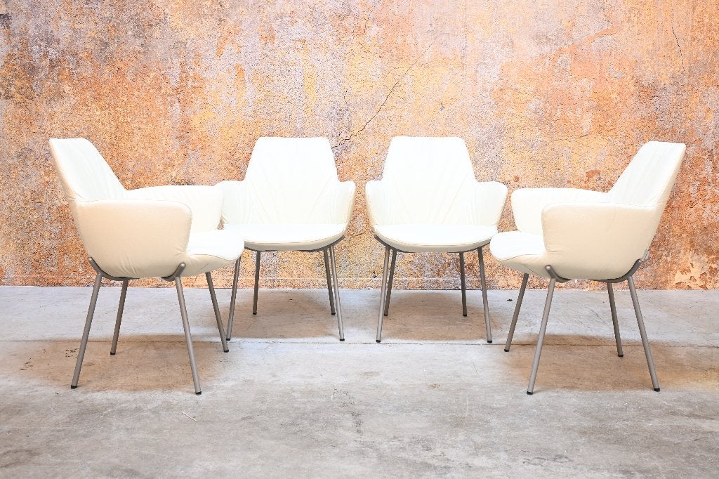 ZGAN 4 witte leren Bert Plantagie Maple designstoelen, Huis en Inrichting, Wit, Ophalen of Verzenden, Zo goed als nieuw, Vier