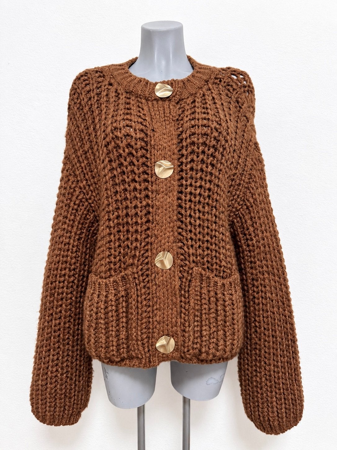 Zara grof gebreid vest met gouden knopen Maat- L, Verzenden, Zo goed als nieuw, Maat 42/44 (L), Bruin