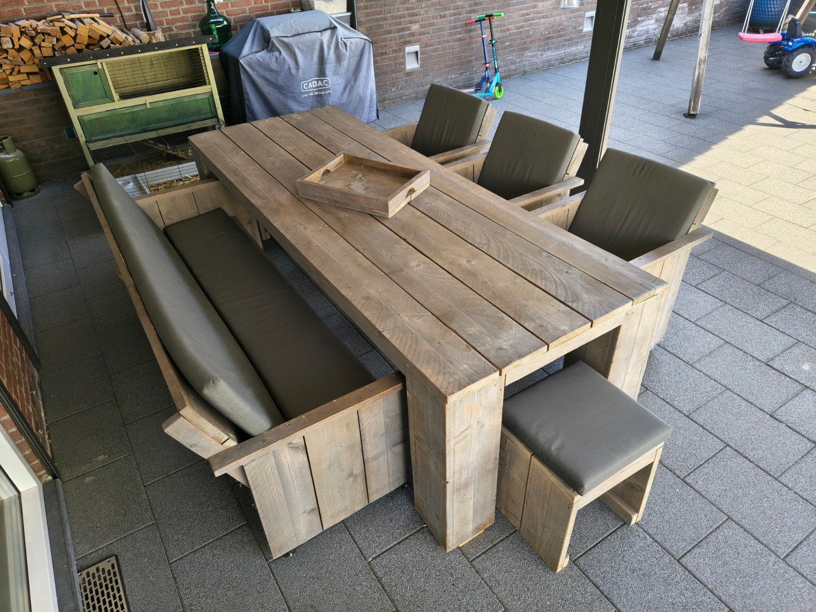 Steigerhout tuinset 6/8 personen incl kussen set, Tuin en Terras, Ophalen, Bank, Gebruikt, 6 zitplaatsen