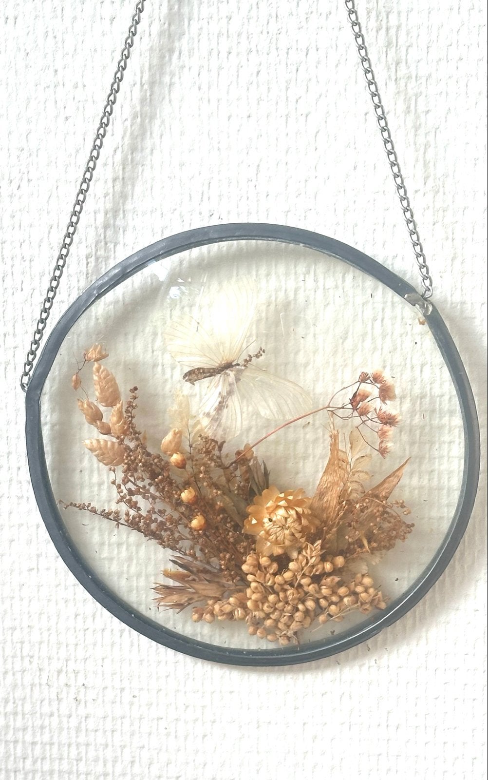 Vintage raamhanger in glas-in-lood met gedroogde bloemen, Ophalen of Verzenden