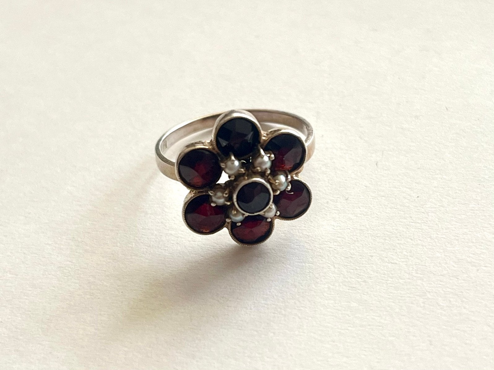 Vintage ring zilver verguld granaat zaadparel, Ophalen of Verzenden, Zilver, Ring, Verguld