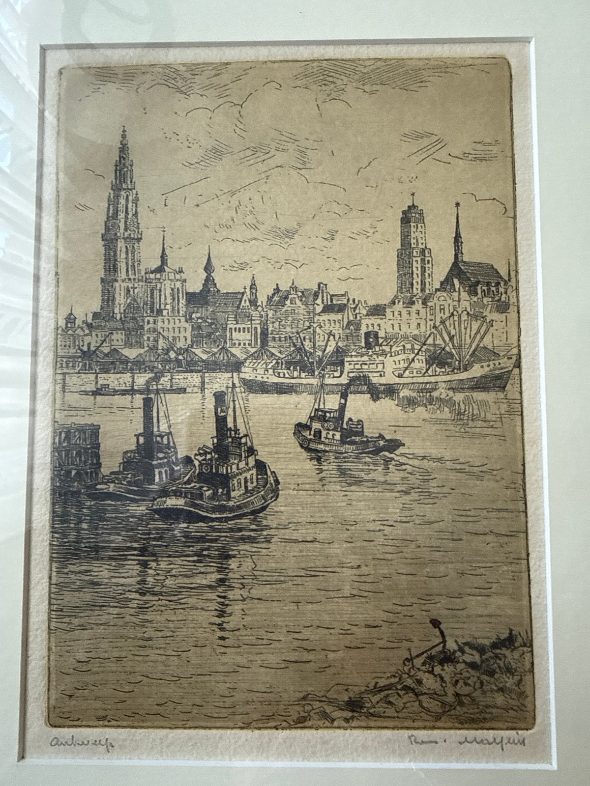 Romain Malfliet Ets Antwerpse haven met sleepboten origineel, Ets, Stadsgezicht, Ophalen of Verzenden, Gesigneerd