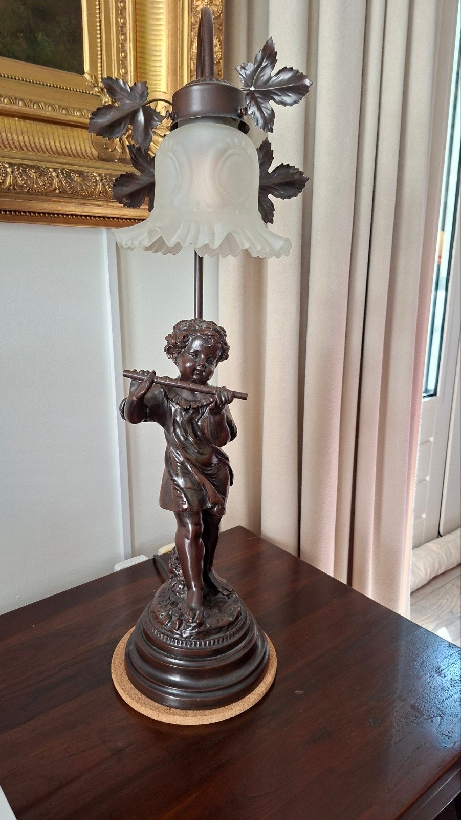 Antieke Franse bronzen tafellamp met cherubijn en fluit, Antiek en Kunst, Ophalen