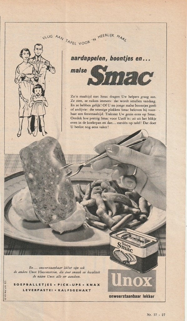retro reclame 1958 Unox Smac voor vlug aan tafel, Verzenden, Overige typen