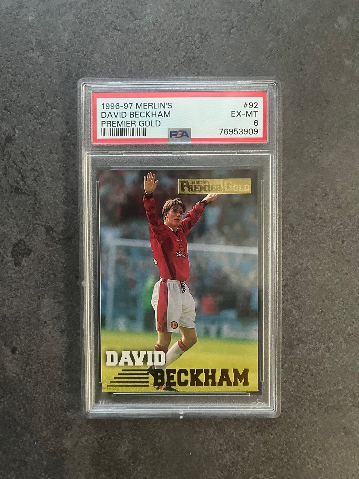 Merlin's Premier Gold 1996-97 David Beckham Rookie PSA 6, Ophalen of Verzenden, Zo goed als nieuw, Sticker